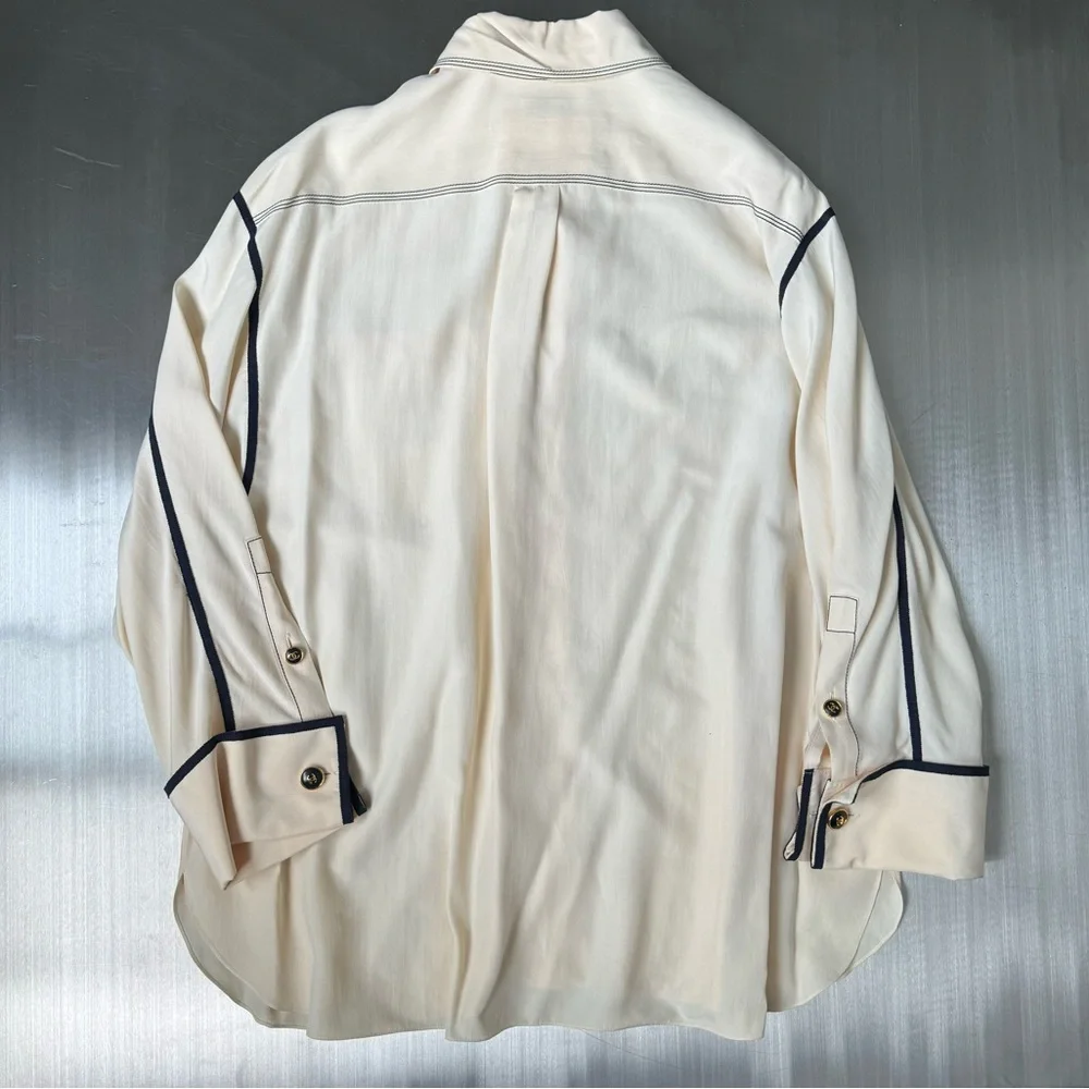Chanel Vintage Embroidered Logo Button Down in Cream and Navy - Picture 2 of 7
